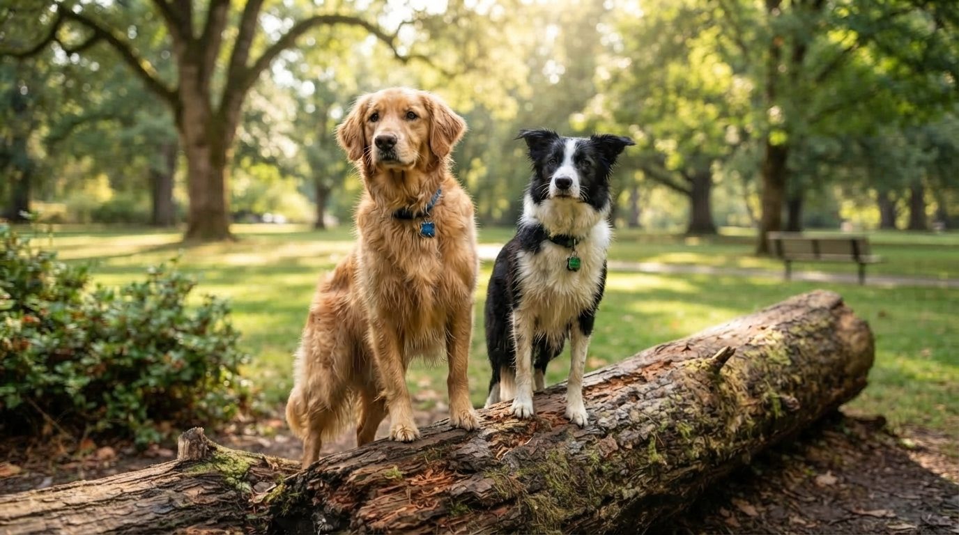Golden retriever and border collie standing together on a fallen log in a sunny park