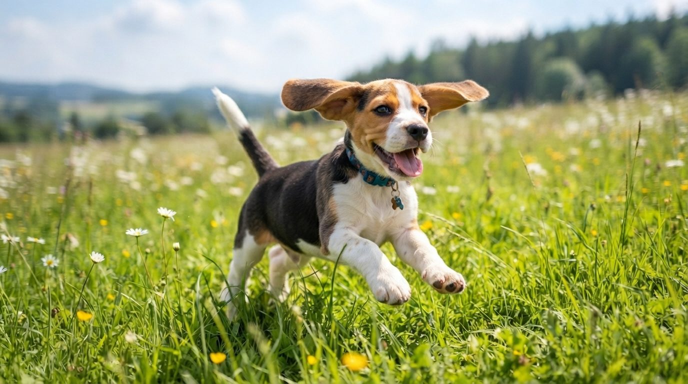 Beagle puppy running back through a meadow during recall practice