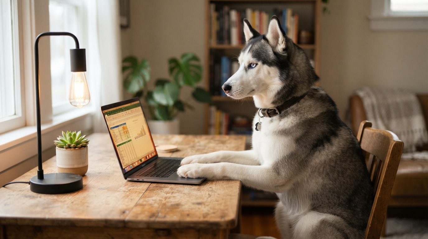 Husky sitting at a desk beside a laptop, ready to take your dog training enquiry