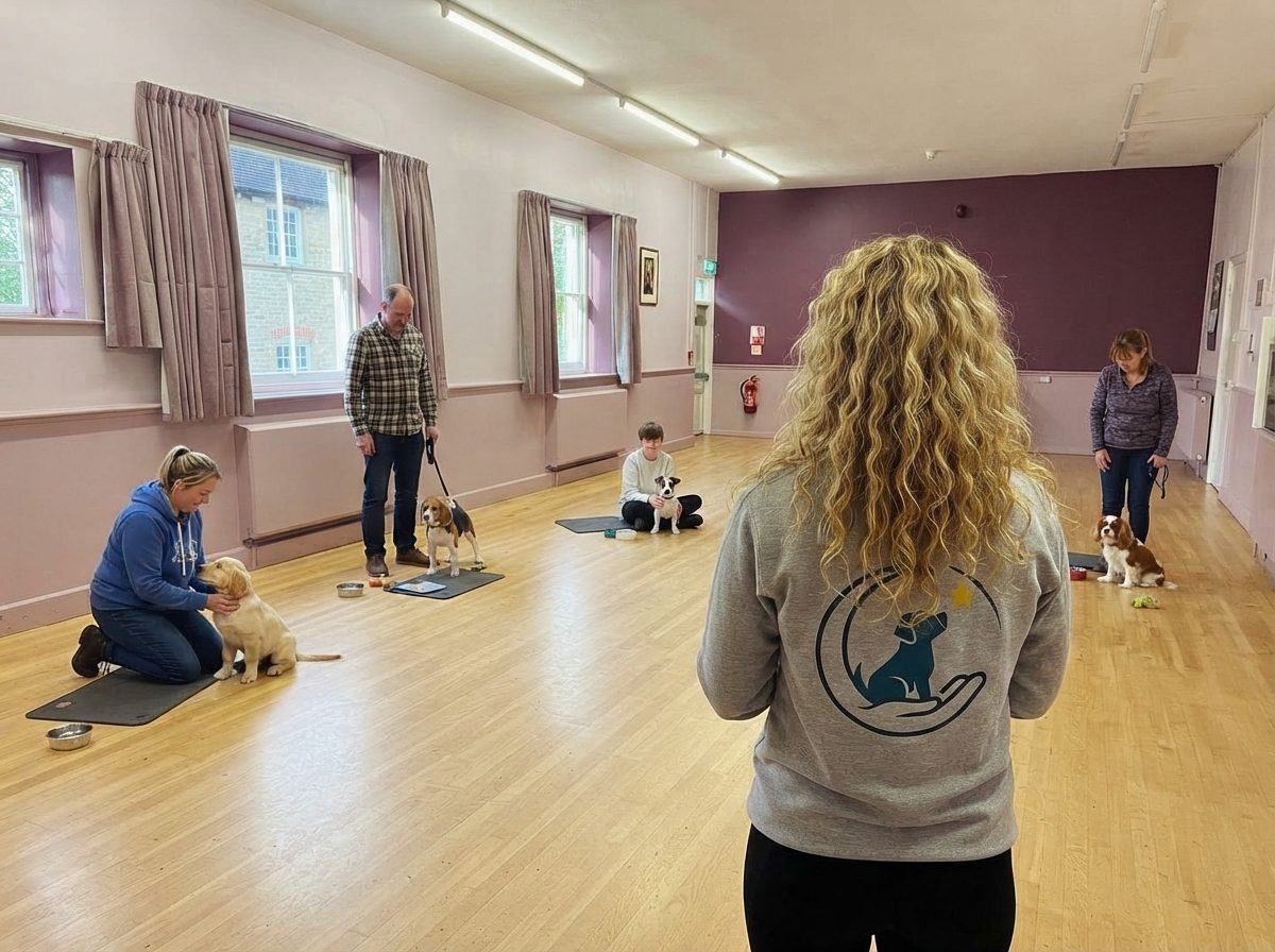 Cristina leading a small puppy class at Ducklington Village Hall, with four owners and their puppies working on mats around the hall