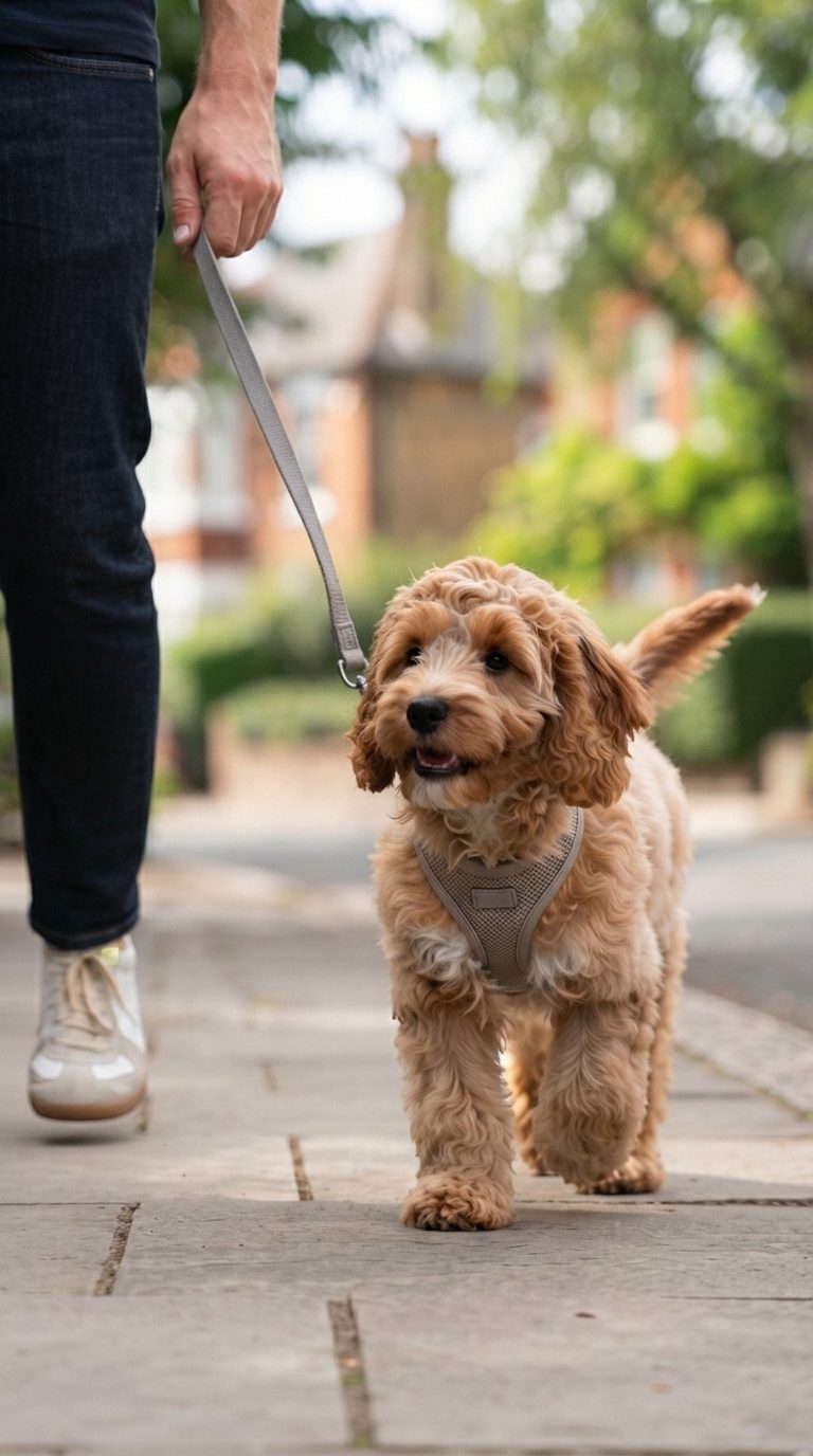 Cockapoo puppy walking on a loose lead beside its owner on a pavement in Witney