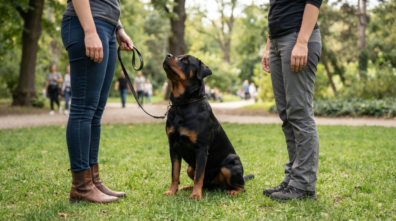 Dog sitting attentively between two owners at a one to one dog training session in a park
