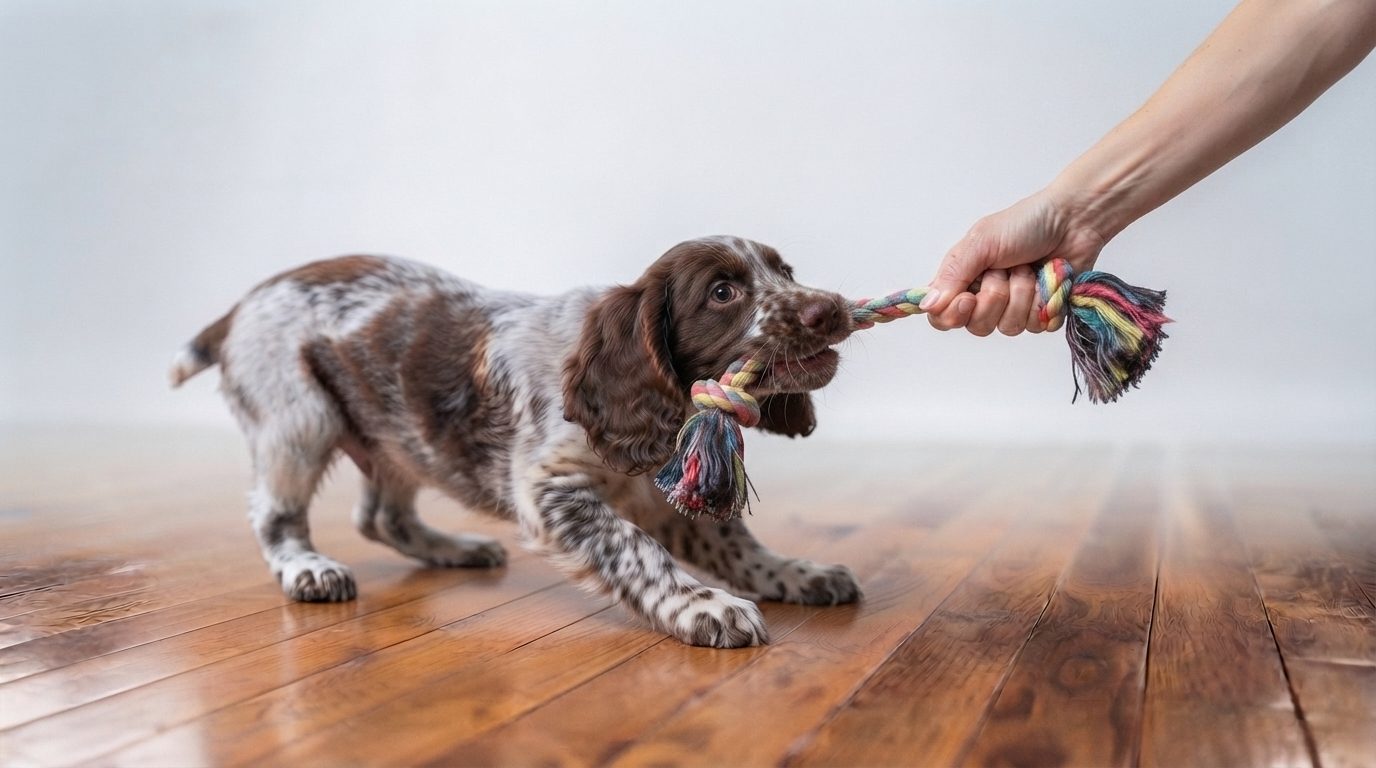 Spaniel puppy playing tug with a rope toy during a Puplifting puppy class