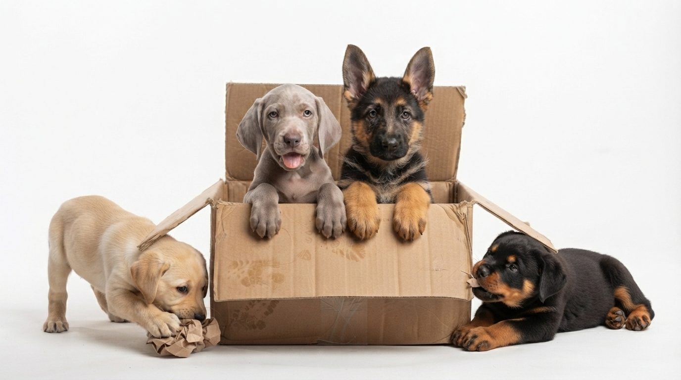 Four puppies playing around a cardboard box, two peering out of the box and two exploring beside it